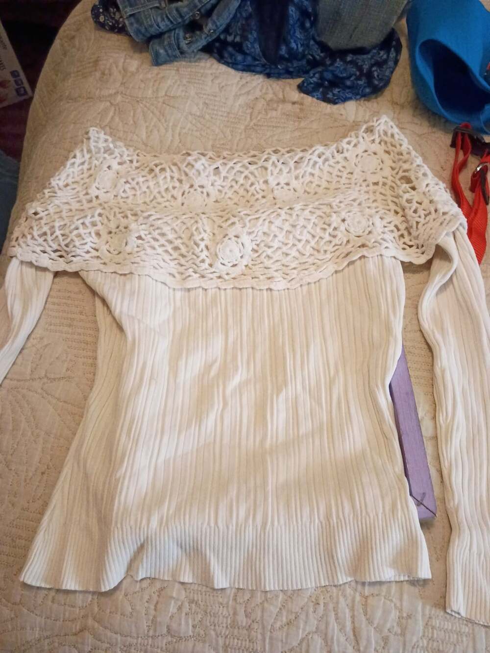 Cabo Ribbed Crochet Top Size PM White Off Shoulder